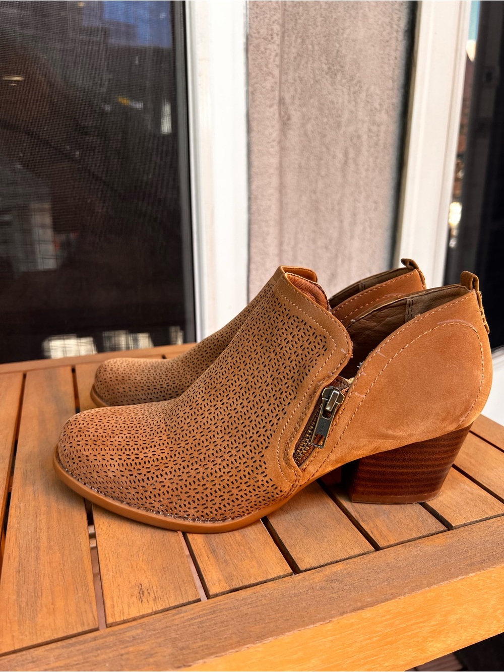 BareTraps Tan Suede Perforated Ankle Booties with Block Heel